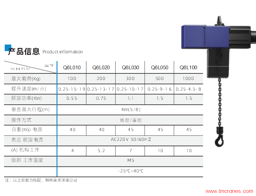 智能环链电动葫芦技术参数